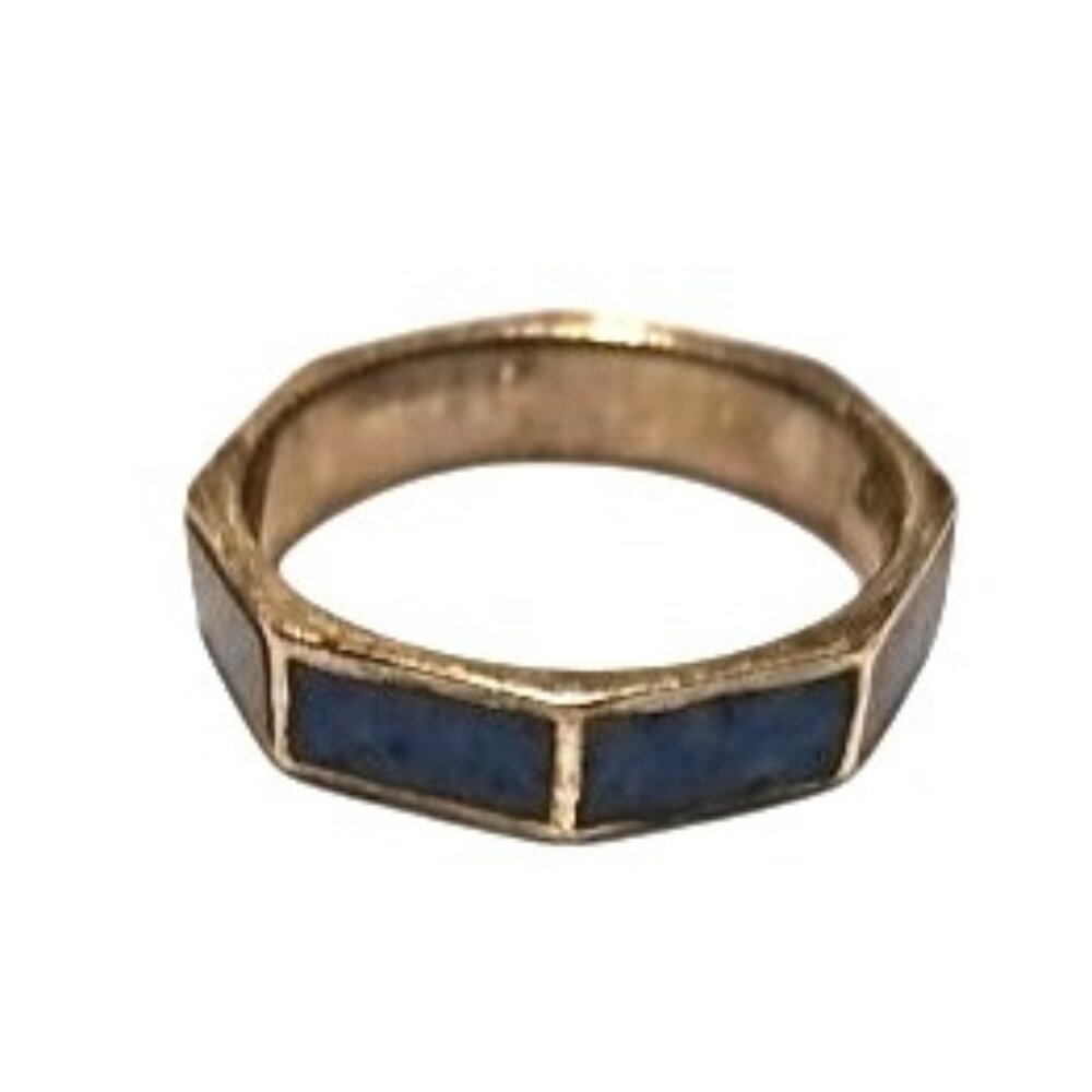 Sterling Silver Ring Toe Pinky‎ W/ Blue Enamel Inlay Octagon
